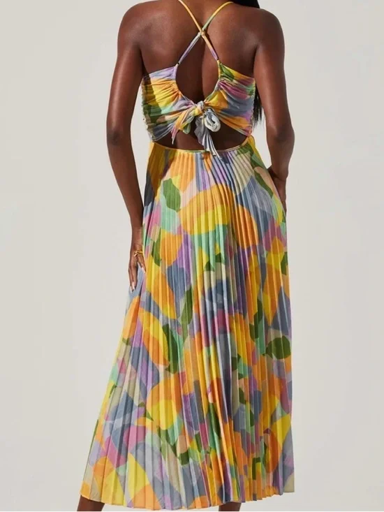 NWT ASTR the Label Blythe Floral Midi Dress yellow lilac abstract Sz M - Picture 2 of 11